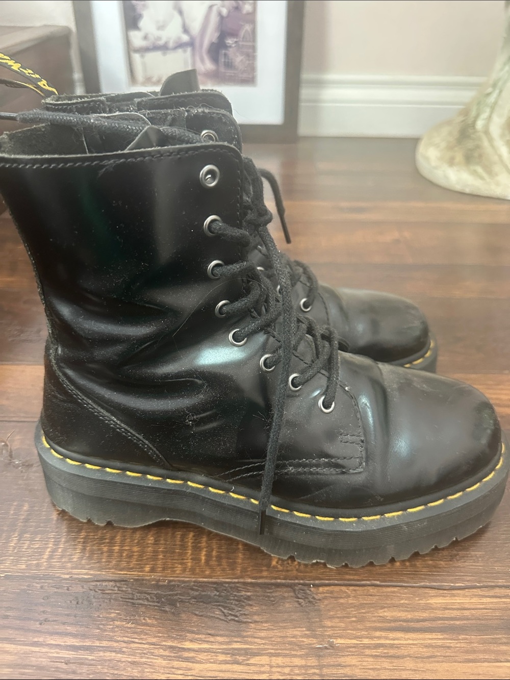 Dr. Martens Black Lace-Up Platform Combat Boots with Yellow Stitching